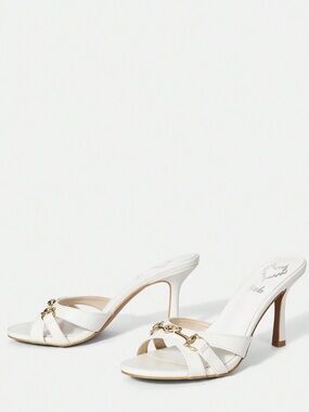White Crisscross Chain Detail Mule Stiletto Heels - Size 8